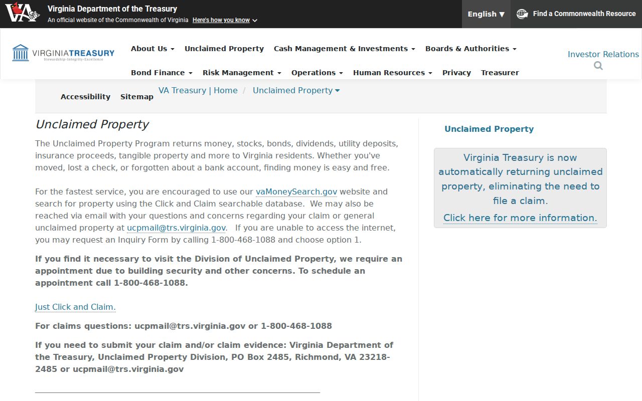 Norfolk residents directory Virginia Treasury unclaimed property search