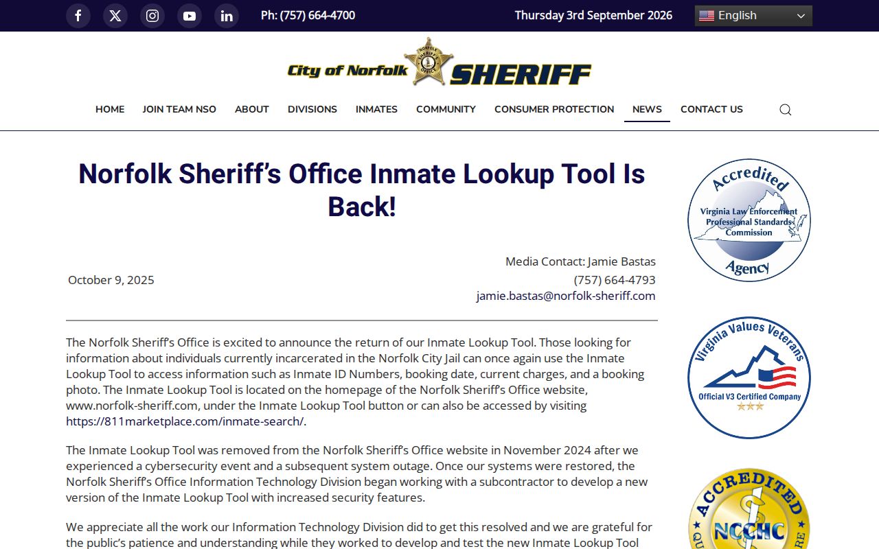 Norfolk neighbors lookup record availability notice from the Norfolk Sheriff's Office