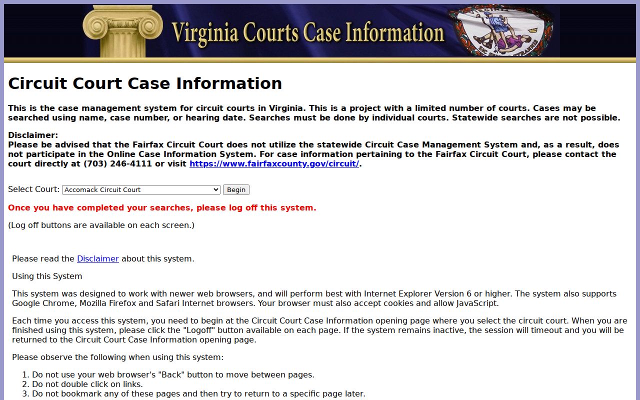Norfolk court case search through Virginia Circuit Court