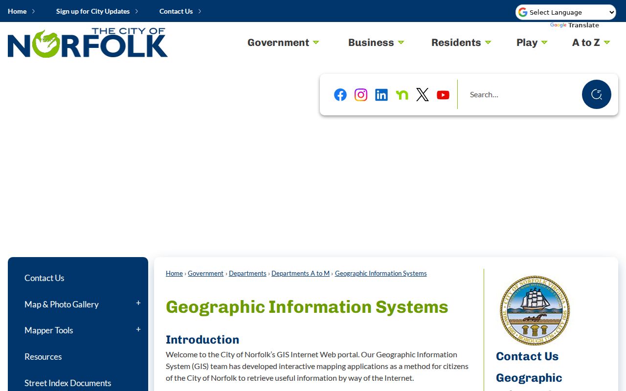 Norfolk ZIP code directory view of the Norfolk GIS portal